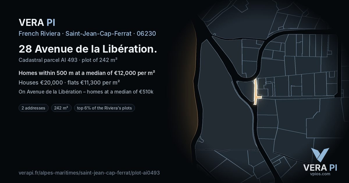 28 Avenue de la Libération, Saint-Jean-Cap-Ferrat at night – the plot lit, the parcels around coloured by the prices near them