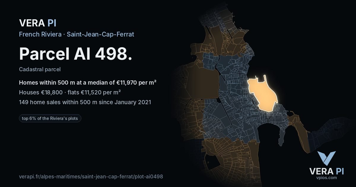 Parcel AI 498, Saint-Jean-Cap-Ferrat at night – the plot lit, the parcels around coloured by the prices near them