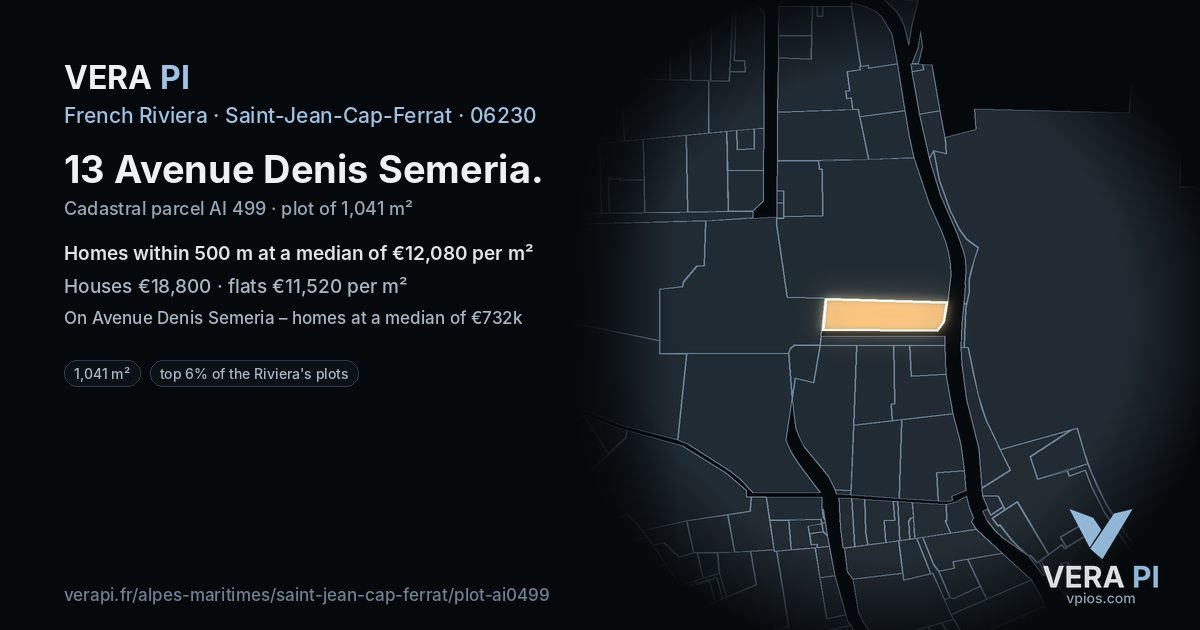 13 Avenue Denis Semeria, Saint-Jean-Cap-Ferrat at night – the plot lit, the parcels around coloured by the prices near them
