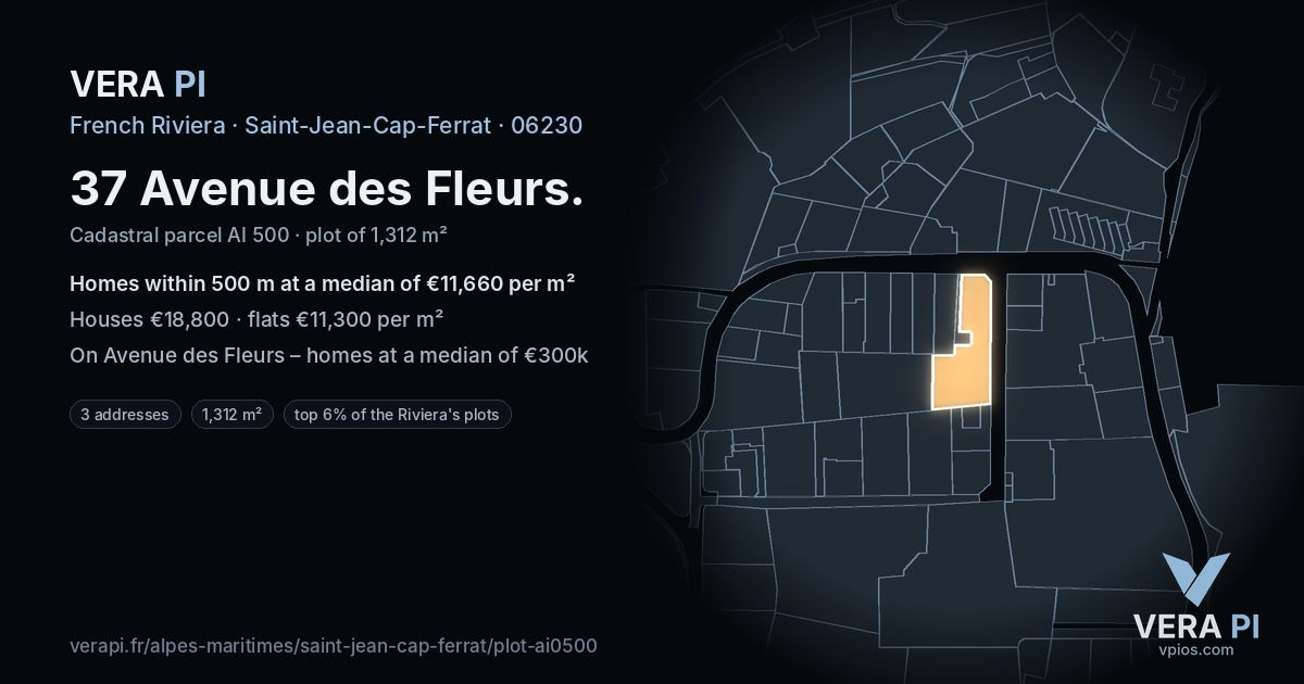 37 Avenue des Fleurs, Saint-Jean-Cap-Ferrat at night – the plot lit, the parcels around coloured by the prices near them