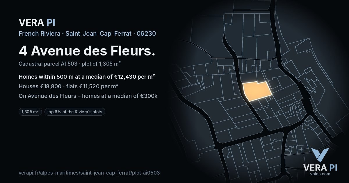 4 Avenue des Fleurs, Saint-Jean-Cap-Ferrat at night – the plot lit, the parcels around coloured by the prices near them