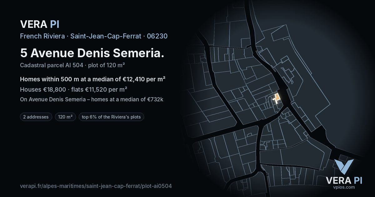 5 Avenue Denis Semeria, Saint-Jean-Cap-Ferrat at night – the plot lit, the parcels around coloured by the prices near them