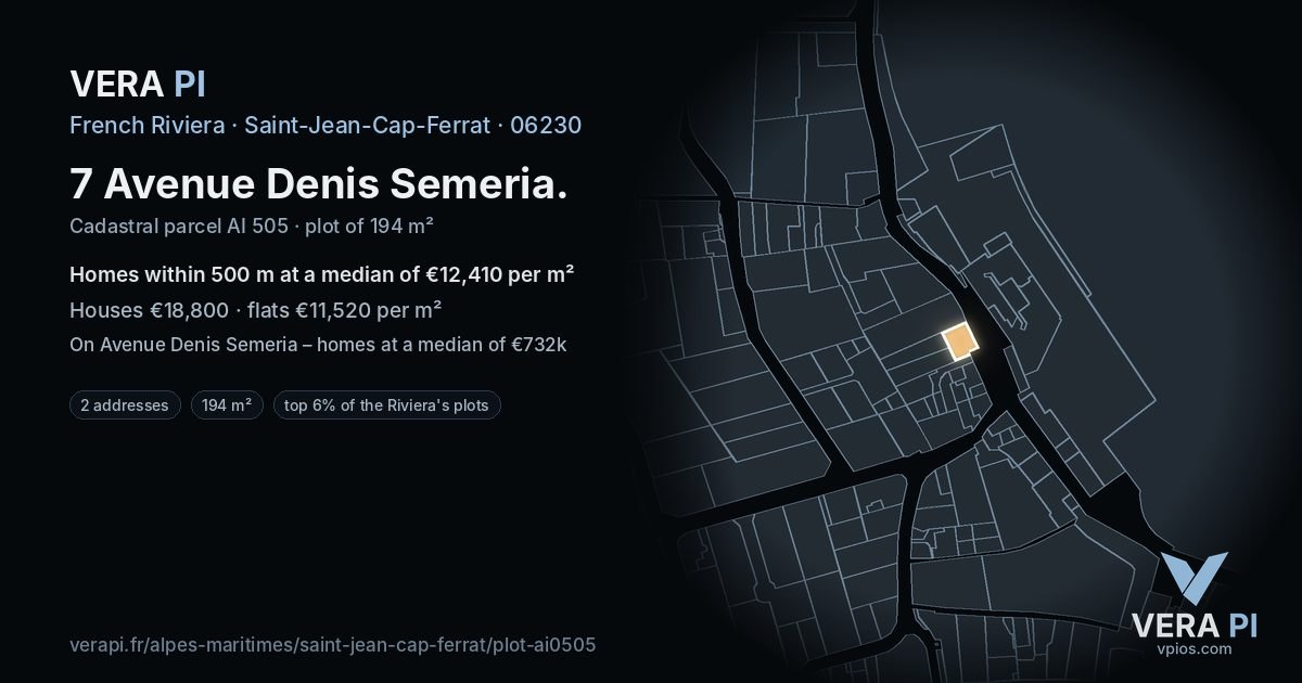7 Avenue Denis Semeria, Saint-Jean-Cap-Ferrat at night – the plot lit, the parcels around coloured by the prices near them