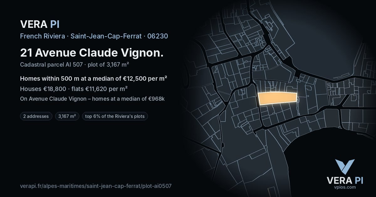 21 Avenue Claude Vignon, Saint-Jean-Cap-Ferrat at night – the plot lit, the parcels around coloured by the prices near them