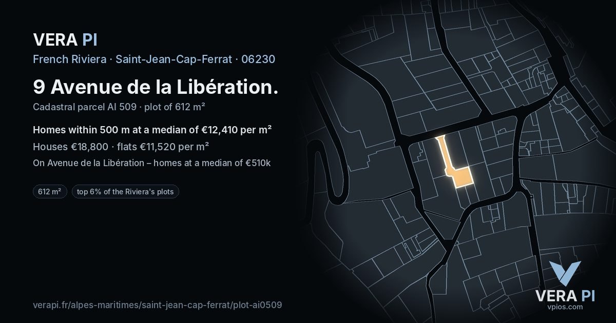 9 Avenue de la Libération, Saint-Jean-Cap-Ferrat at night – the plot lit, the parcels around coloured by the prices near them