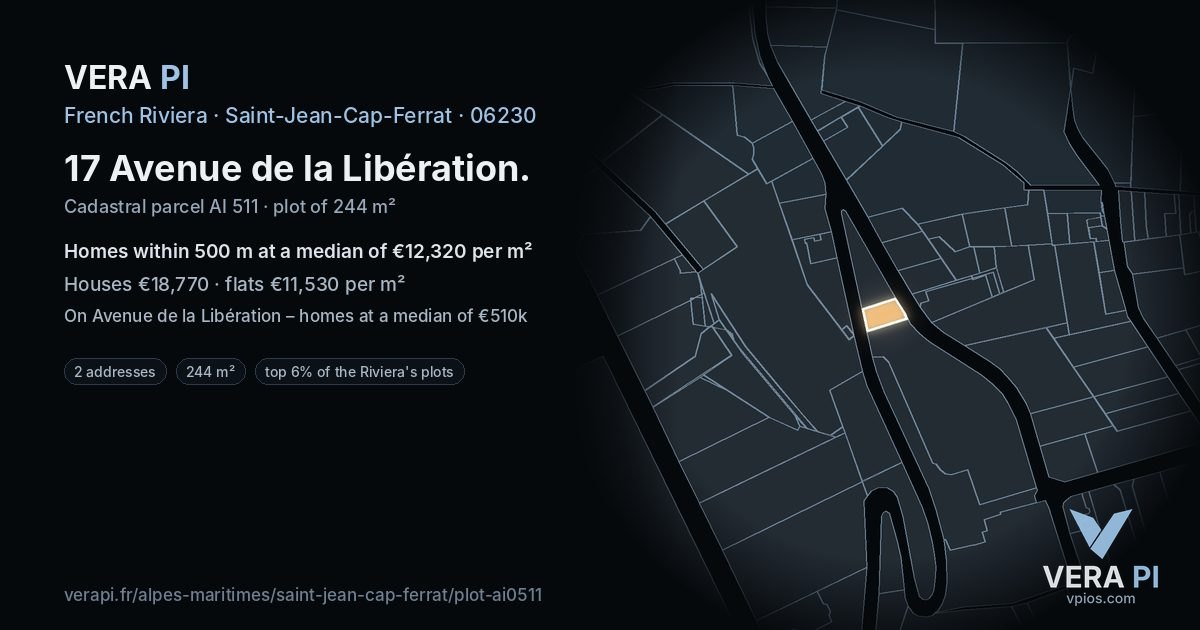 17 Avenue de la Libération, Saint-Jean-Cap-Ferrat at night – the plot lit, the parcels around coloured by the prices near them
