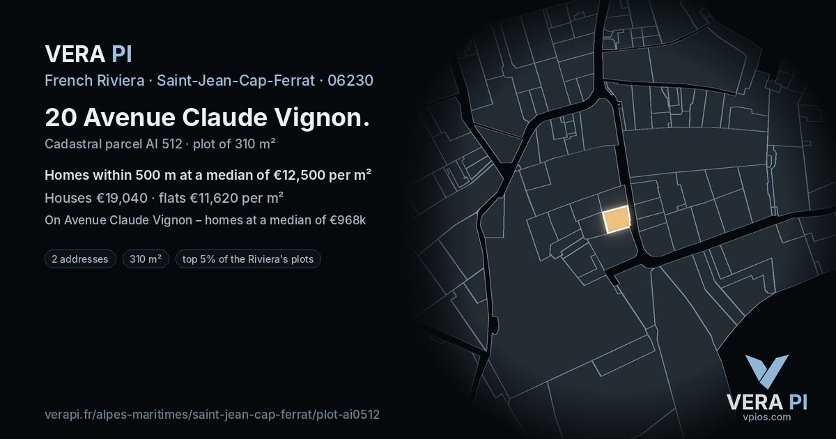20 Avenue Claude Vignon, Saint-Jean-Cap-Ferrat at night – the plot lit, the parcels around coloured by the prices near them