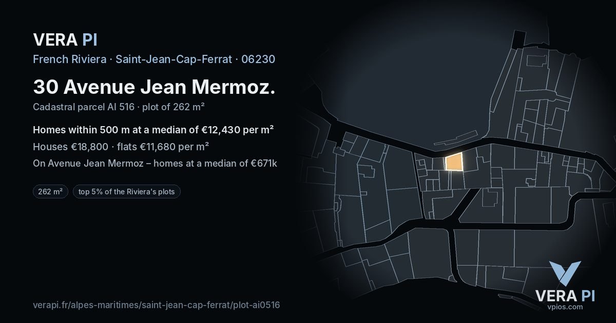 30 Avenue Jean Mermoz, Saint-Jean-Cap-Ferrat at night – the plot lit, the parcels around coloured by the prices near them