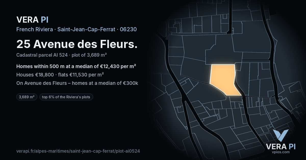 25 Avenue des Fleurs, Saint-Jean-Cap-Ferrat at night – the plot lit, the parcels around coloured by the prices near them