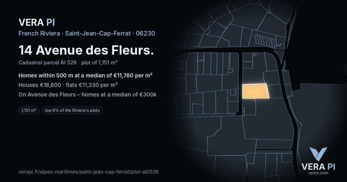 14 Avenue des Fleurs, Saint-Jean-Cap-Ferrat at night – the plot lit, the parcels around coloured by the prices near them