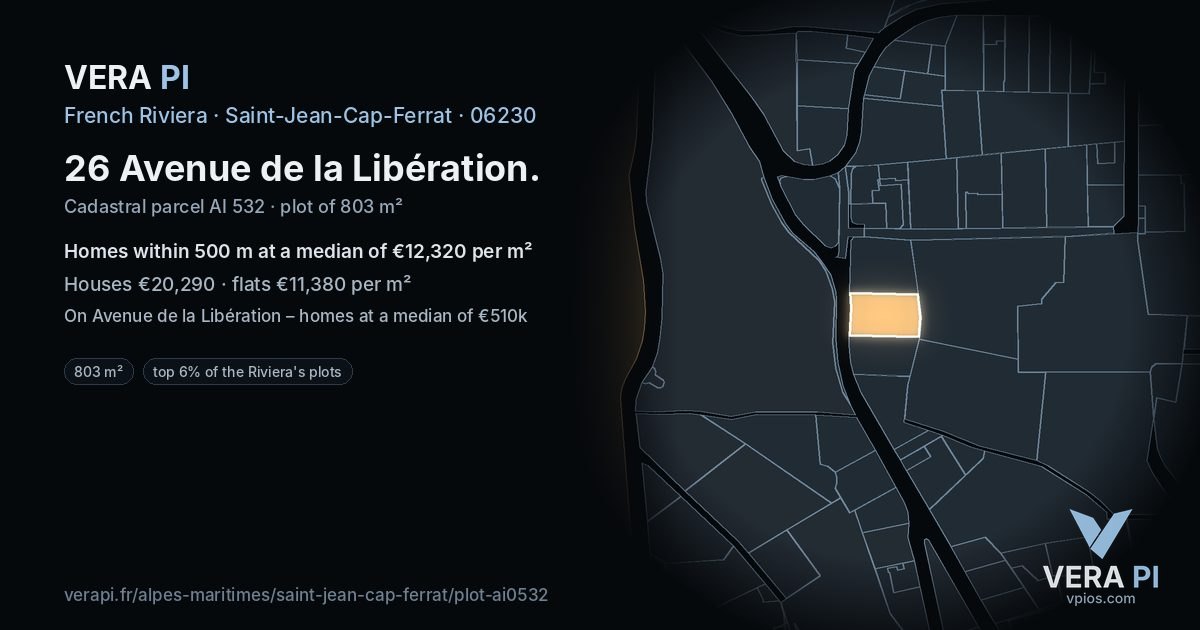 26 Avenue de la Libération, Saint-Jean-Cap-Ferrat at night – the plot lit, the parcels around coloured by the prices near them