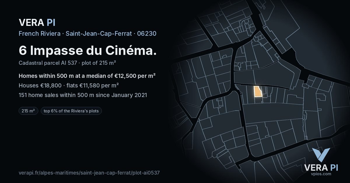 6 Impasse du Cinéma, Saint-Jean-Cap-Ferrat at night – the plot lit, the parcels around coloured by the prices near them