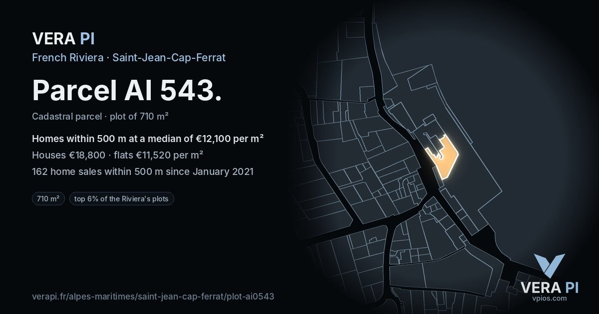 Parcel AI 543, Saint-Jean-Cap-Ferrat at night – the plot lit, the parcels around coloured by the prices near them