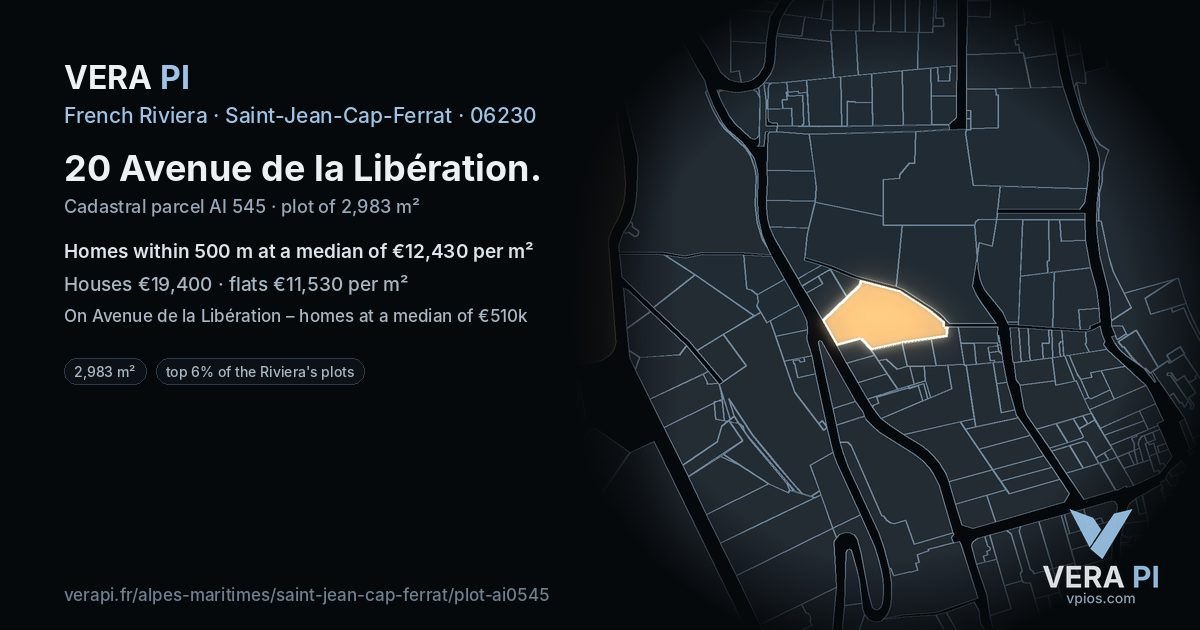 20 Avenue de la Libération, Saint-Jean-Cap-Ferrat at night – the plot lit, the parcels around coloured by the prices near them