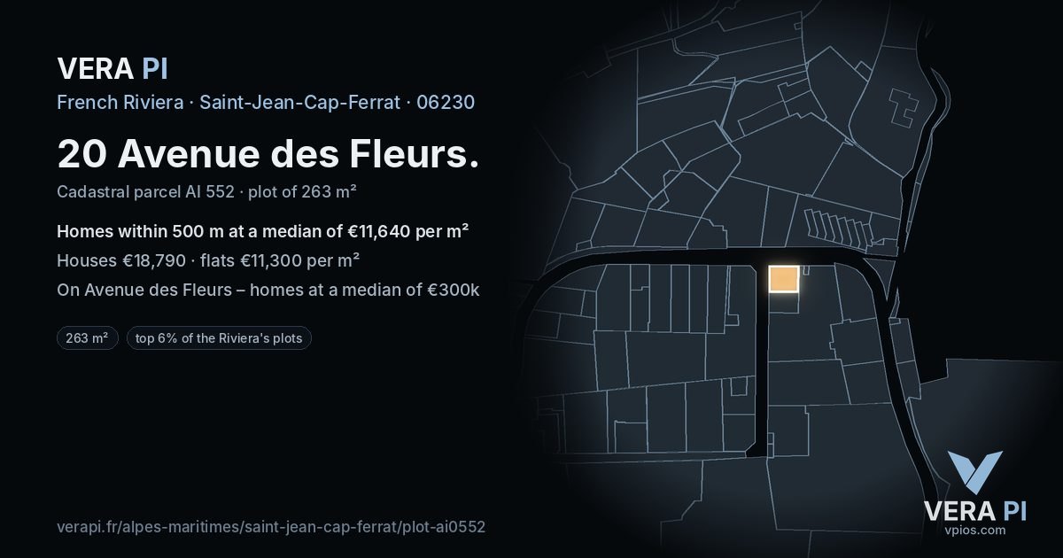 20 Avenue des Fleurs, Saint-Jean-Cap-Ferrat at night – the plot lit, the parcels around coloured by the prices near them