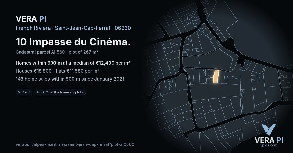 10 Impasse du Cinéma, Saint-Jean-Cap-Ferrat at night – the plot lit, the parcels around coloured by the prices near them