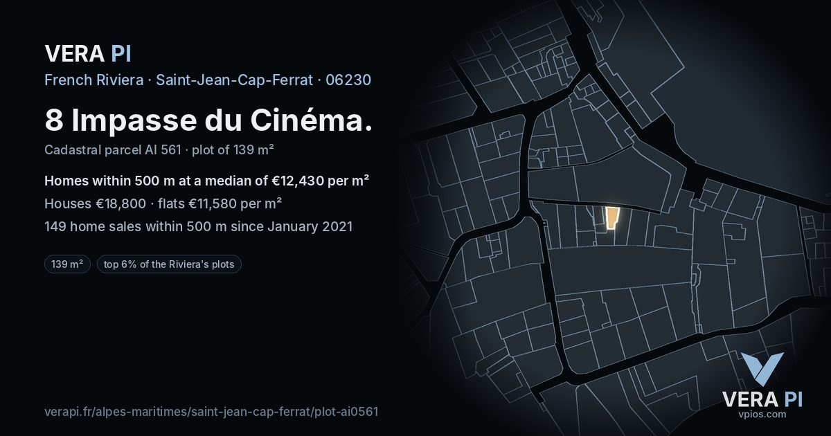 8 Impasse du Cinéma, Saint-Jean-Cap-Ferrat at night – the plot lit, the parcels around coloured by the prices near them
