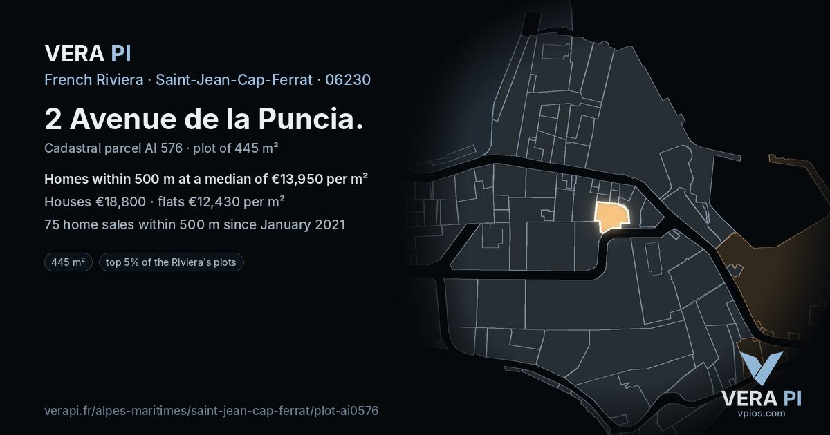 2 Avenue de la Puncia, Saint-Jean-Cap-Ferrat at night – the plot lit, the parcels around coloured by the prices near them