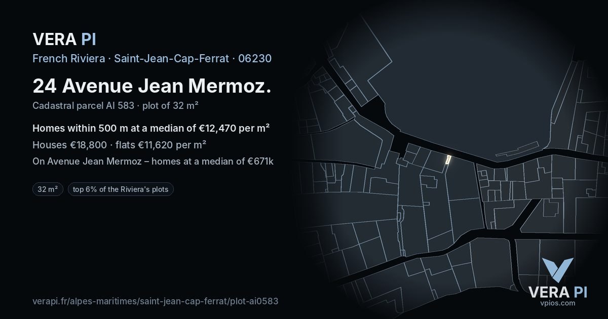 24 Avenue Jean Mermoz, Saint-Jean-Cap-Ferrat at night – the plot lit, the parcels around coloured by the prices near them