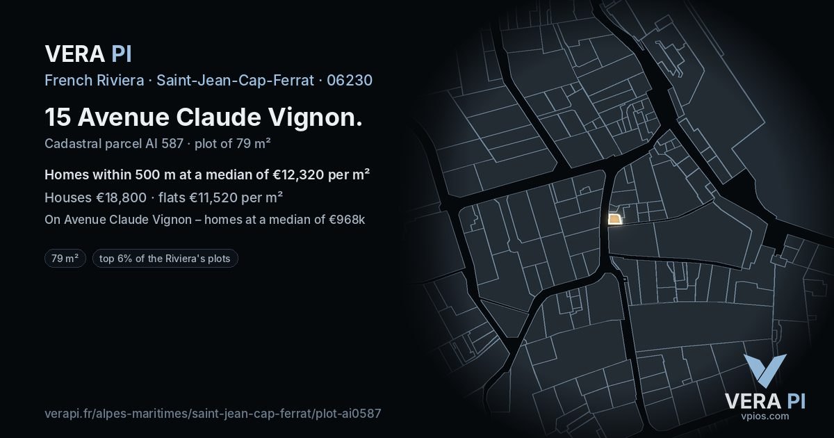 15 Avenue Claude Vignon, Saint-Jean-Cap-Ferrat at night – the plot lit, the parcels around coloured by the prices near them