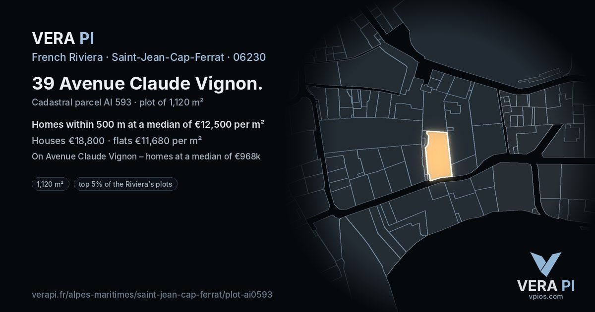 39 Avenue Claude Vignon, Saint-Jean-Cap-Ferrat at night – the plot lit, the parcels around coloured by the prices near them