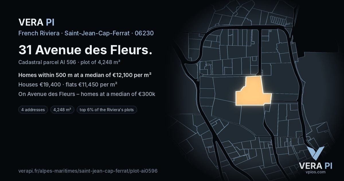 31 Avenue des Fleurs, Saint-Jean-Cap-Ferrat at night – the plot lit, the parcels around coloured by the prices near them