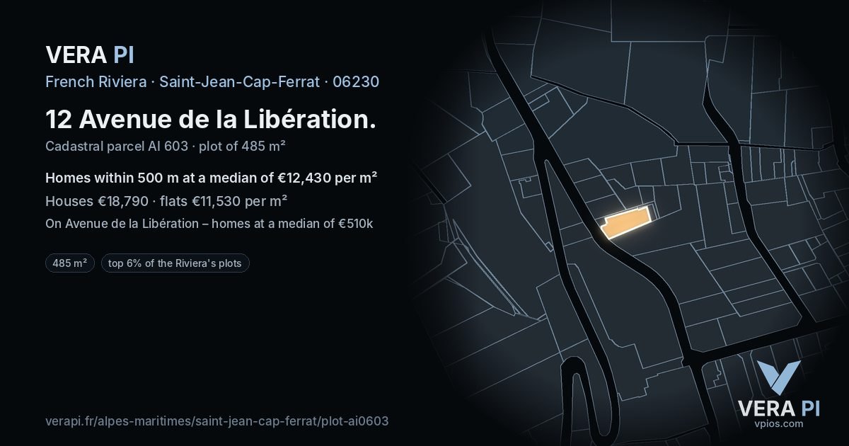 12 Avenue de la Libération, Saint-Jean-Cap-Ferrat at night – the plot lit, the parcels around coloured by the prices near them
