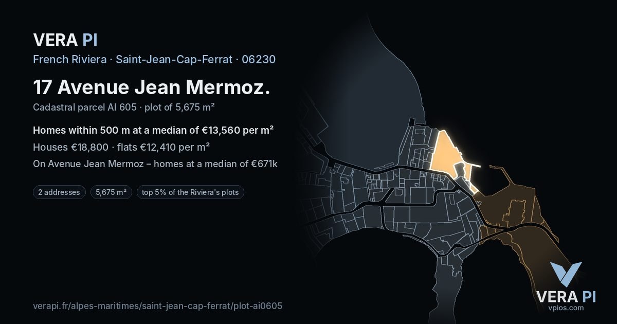 17 Avenue Jean Mermoz, Saint-Jean-Cap-Ferrat at night – the plot lit, the parcels around coloured by the prices near them