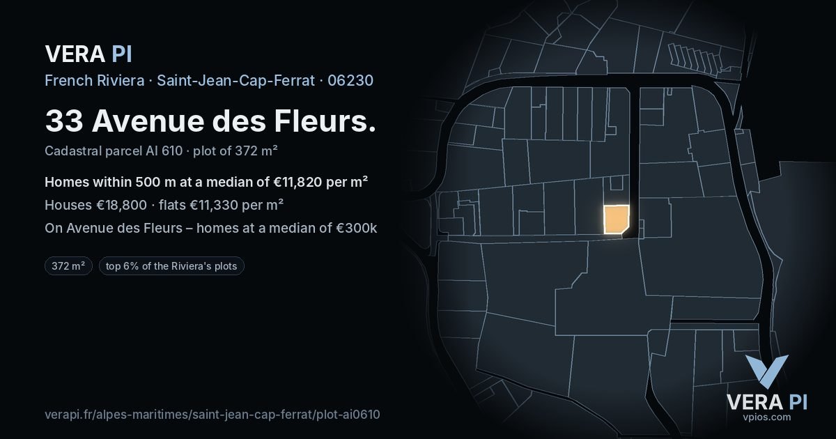33 Avenue des Fleurs, Saint-Jean-Cap-Ferrat at night – the plot lit, the parcels around coloured by the prices near them