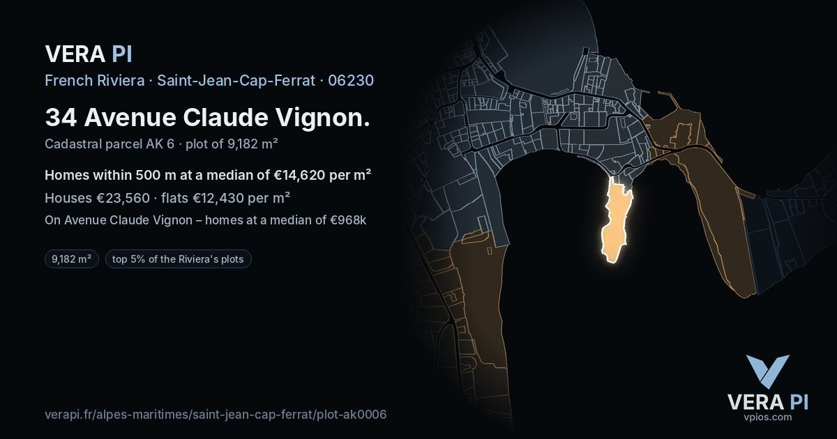 34 Avenue Claude Vignon, Saint-Jean-Cap-Ferrat at night – the plot lit, the parcels around coloured by the prices near them
