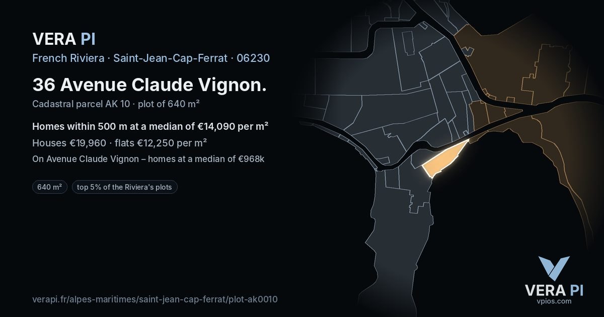 36 Avenue Claude Vignon, Saint-Jean-Cap-Ferrat at night – the plot lit, the parcels around coloured by the prices near them