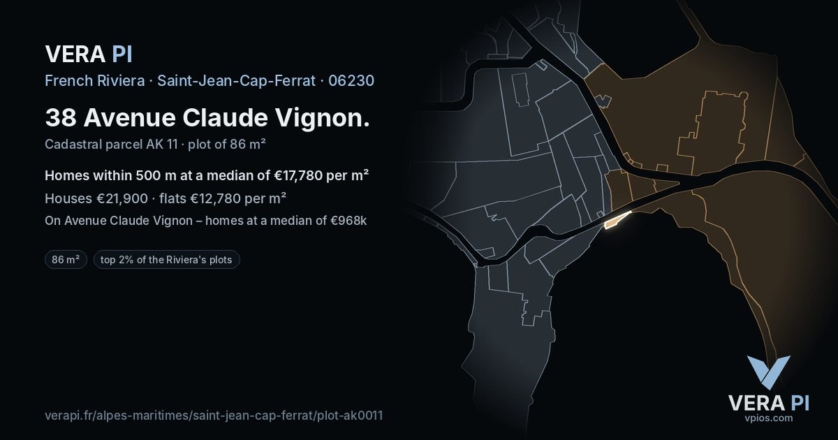 38 Avenue Claude Vignon, Saint-Jean-Cap-Ferrat at night – the plot lit, the parcels around coloured by the prices near them