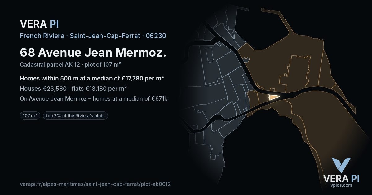 68 Avenue Jean Mermoz, Saint-Jean-Cap-Ferrat at night – the plot lit, the parcels around coloured by the prices near them