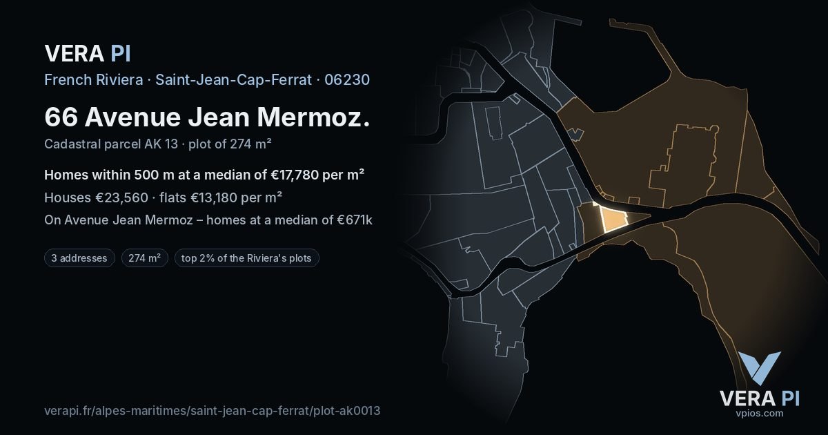 66 Avenue Jean Mermoz, Saint-Jean-Cap-Ferrat at night – the plot lit, the parcels around coloured by the prices near them