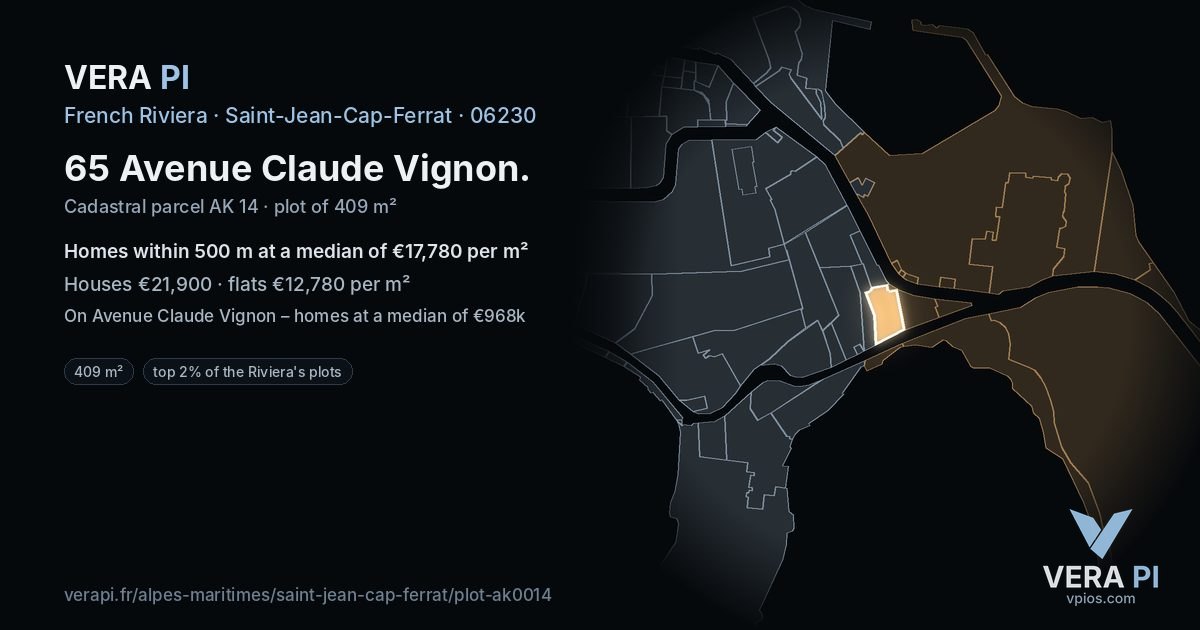 65 Avenue Claude Vignon, Saint-Jean-Cap-Ferrat at night – the plot lit, the parcels around coloured by the prices near them