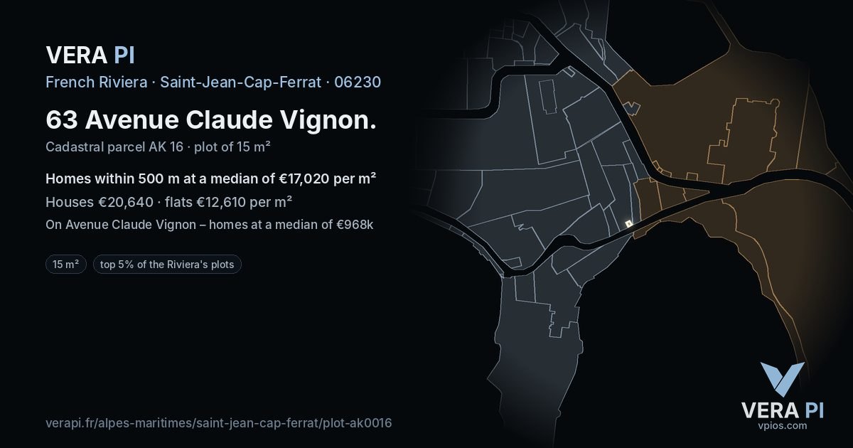 63 Avenue Claude Vignon, Saint-Jean-Cap-Ferrat at night – the plot lit, the parcels around coloured by the prices near them