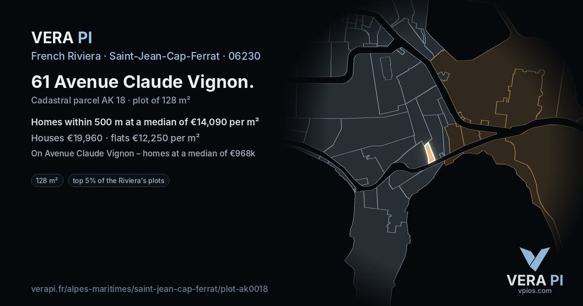61 Avenue Claude Vignon, Saint-Jean-Cap-Ferrat at night – the plot lit, the parcels around coloured by the prices near them