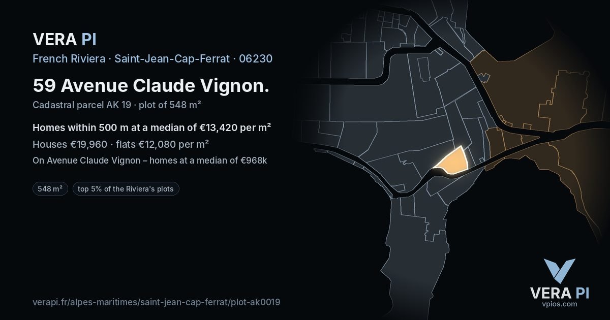 59 Avenue Claude Vignon, Saint-Jean-Cap-Ferrat at night – the plot lit, the parcels around coloured by the prices near them