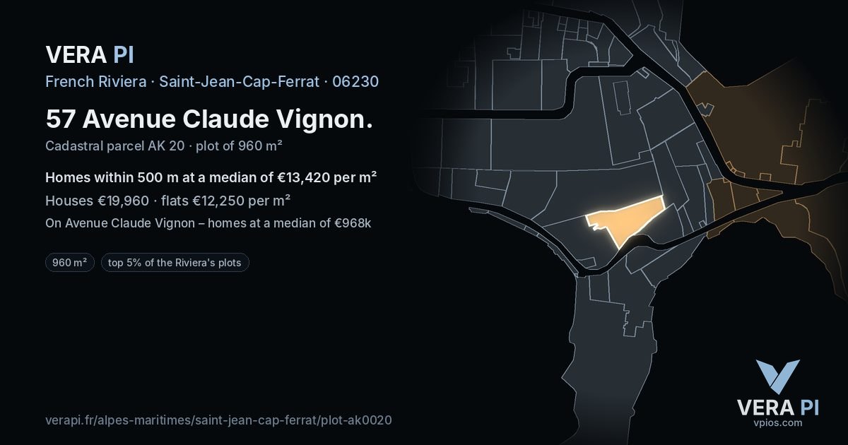 57 Avenue Claude Vignon, Saint-Jean-Cap-Ferrat at night – the plot lit, the parcels around coloured by the prices near them