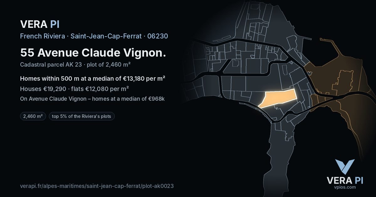 55 Avenue Claude Vignon, Saint-Jean-Cap-Ferrat at night – the plot lit, the parcels around coloured by the prices near them