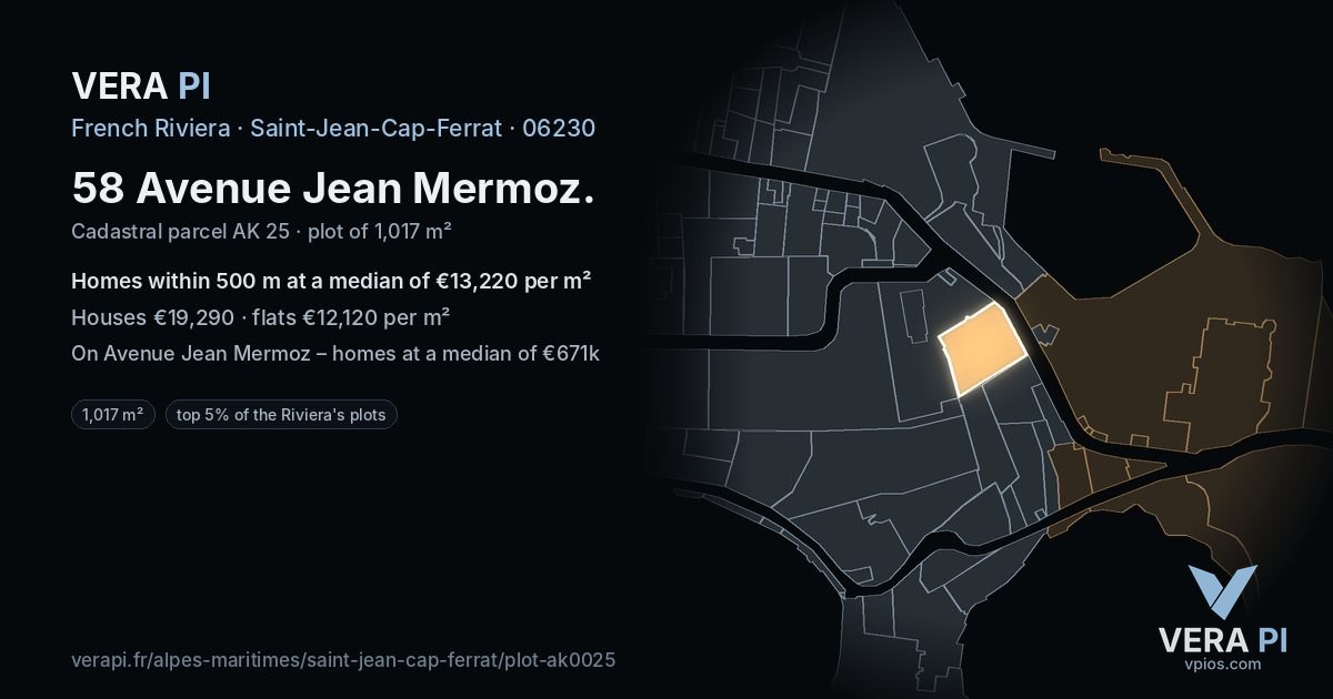 58 Avenue Jean Mermoz, Saint-Jean-Cap-Ferrat at night – the plot lit, the parcels around coloured by the prices near them