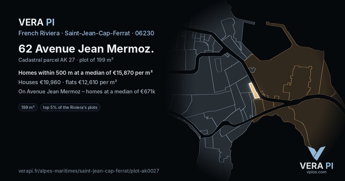 62 Avenue Jean Mermoz, Saint-Jean-Cap-Ferrat at night – the plot lit, the parcels around coloured by the prices near them