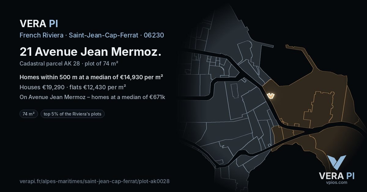 21 Avenue Jean Mermoz, Saint-Jean-Cap-Ferrat at night – the plot lit, the parcels around coloured by the prices near them