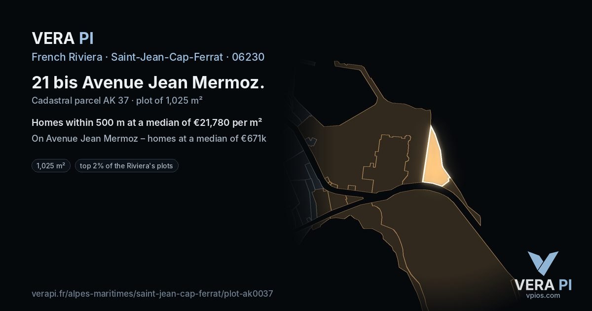 21 bis Avenue Jean Mermoz, Saint-Jean-Cap-Ferrat at night – the plot lit, the parcels around coloured by the prices near them