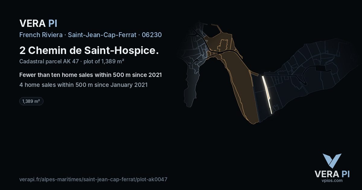 2 Chemin de Saint-Hospice, Saint-Jean-Cap-Ferrat at night – the plot lit, the parcels around coloured by the prices near them