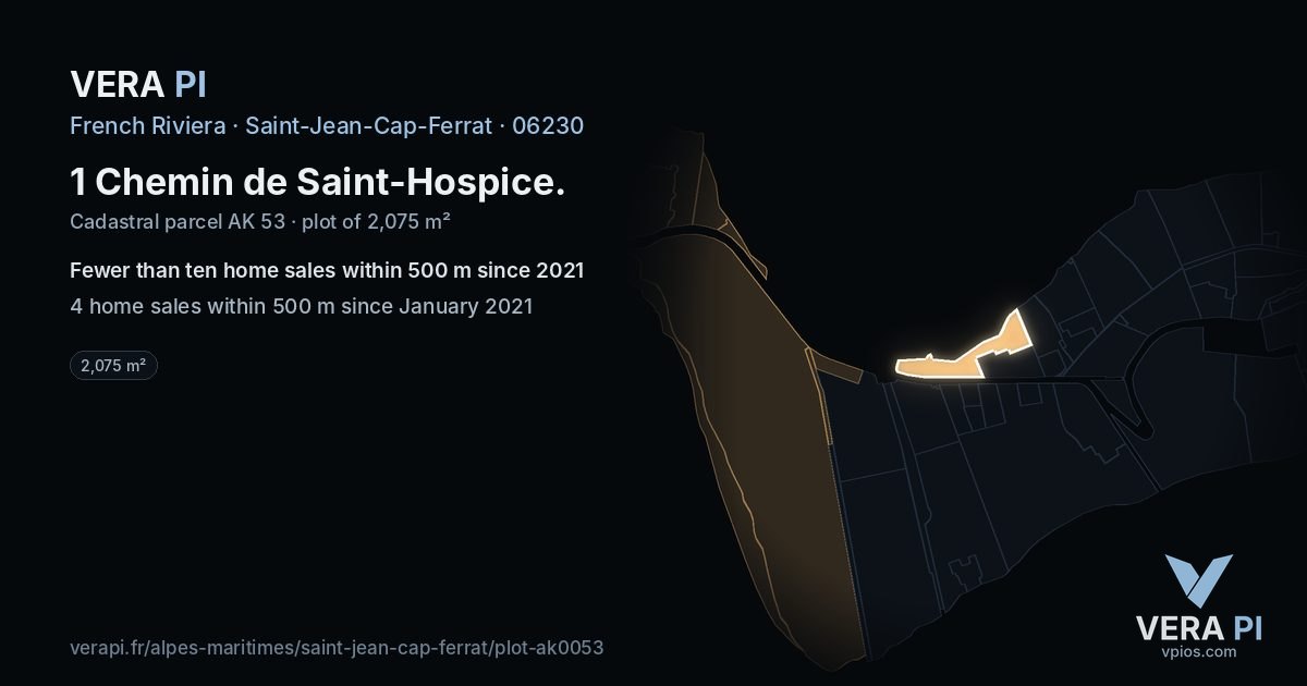 1 Chemin de Saint-Hospice, Saint-Jean-Cap-Ferrat at night – the plot lit, the parcels around coloured by the prices near them