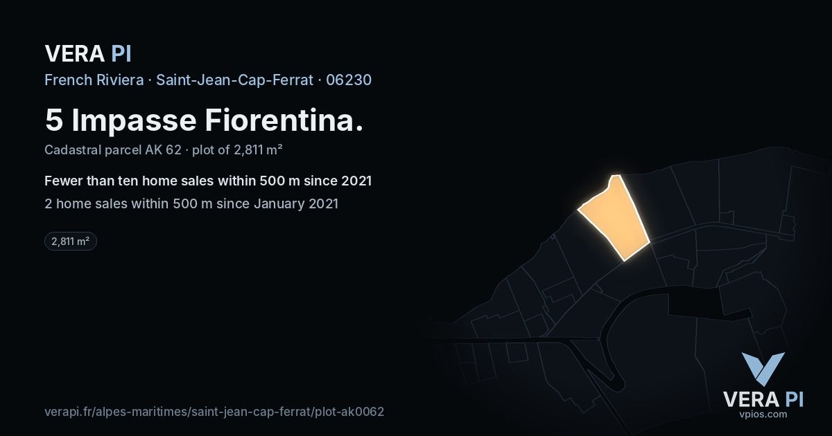 5 Impasse Fiorentina, Saint-Jean-Cap-Ferrat at night – the plot lit, the parcels around coloured by the prices near them