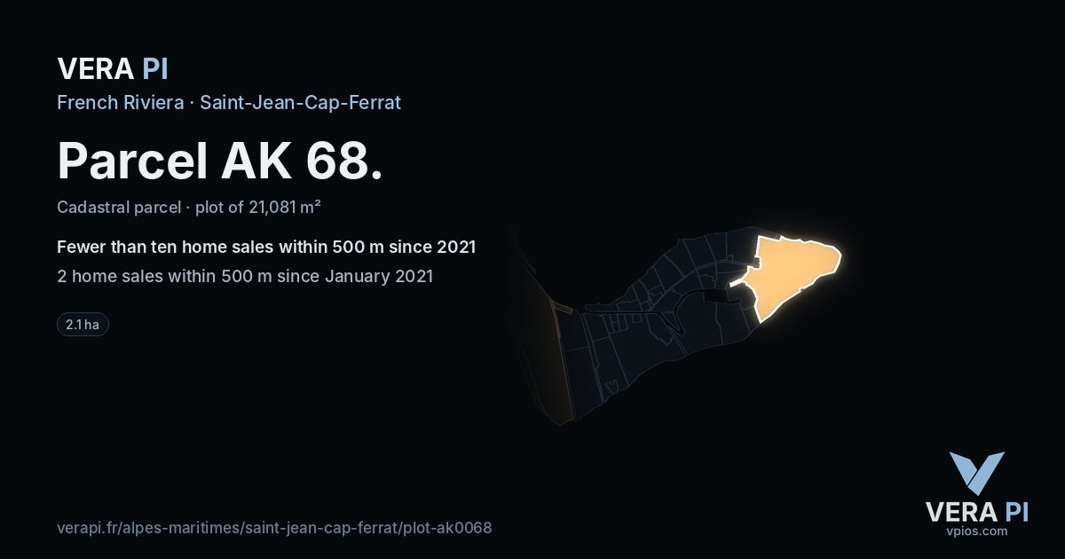 Parcel AK 68, Saint-Jean-Cap-Ferrat at night – the plot lit, the parcels around coloured by the prices near them