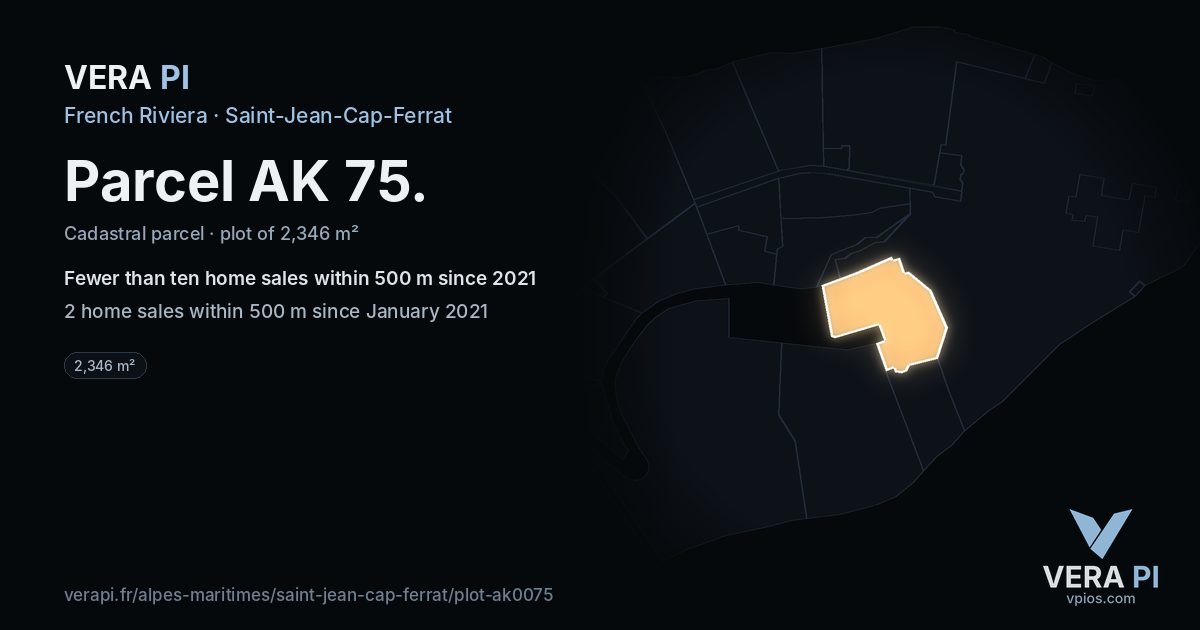 Parcel AK 75, Saint-Jean-Cap-Ferrat at night – the plot lit, the parcels around coloured by the prices near them
