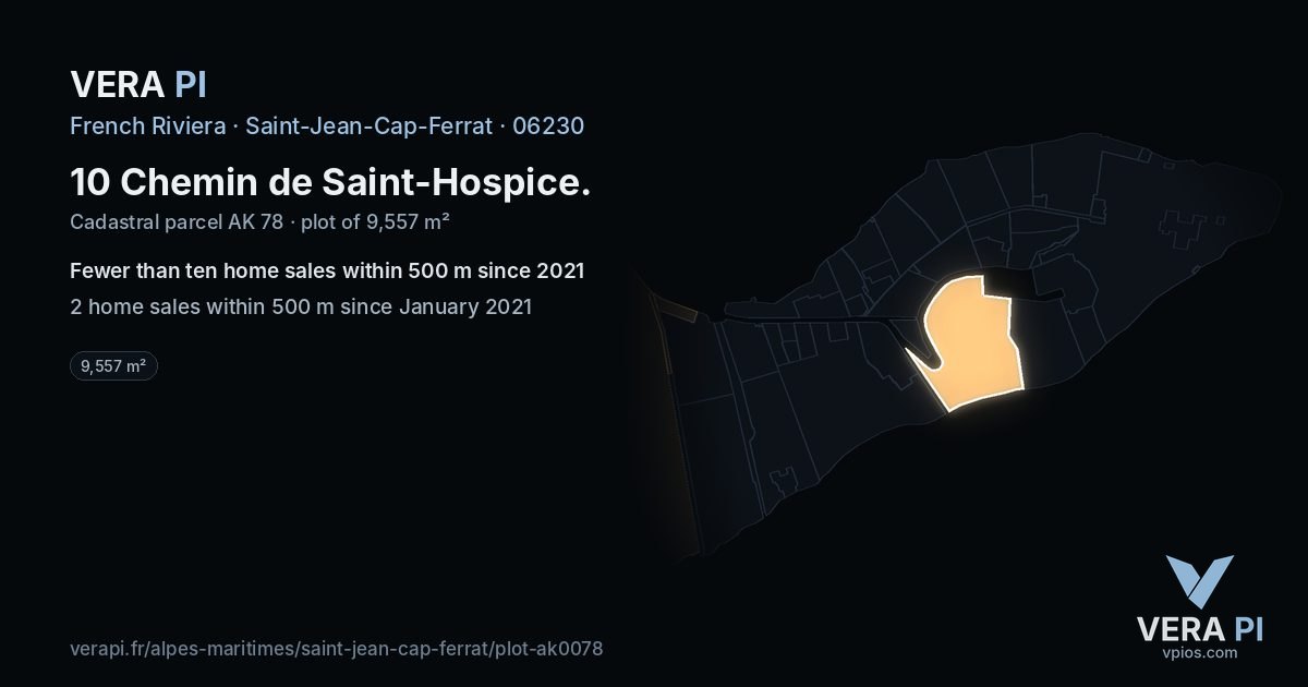 10 Chemin de Saint-Hospice, Saint-Jean-Cap-Ferrat at night – the plot lit, the parcels around coloured by the prices near them
